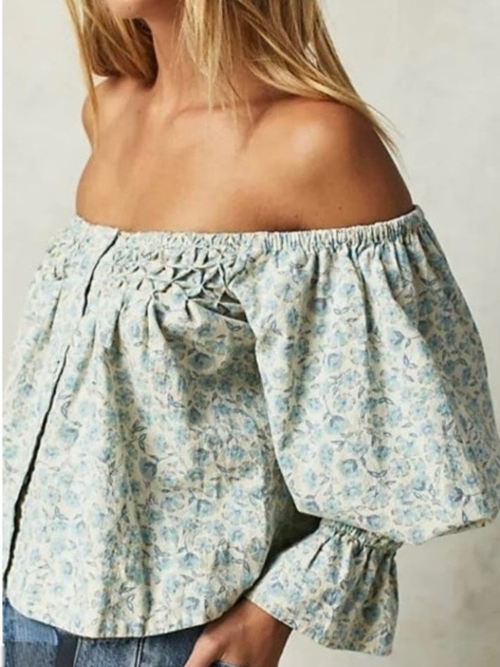 Free People Tops - Free People James Off The Shoulder Smock Crop Top in light blue floral print.S